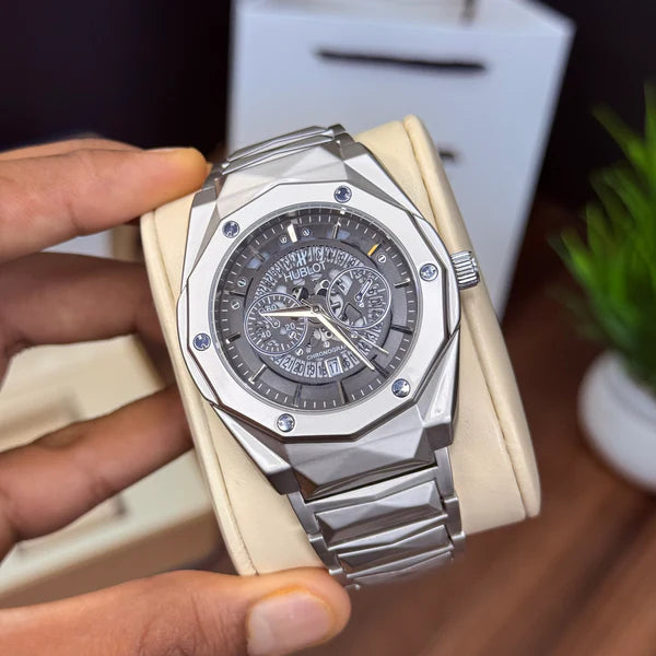 HB Silver Prism Hologram White Dial Watch with Date