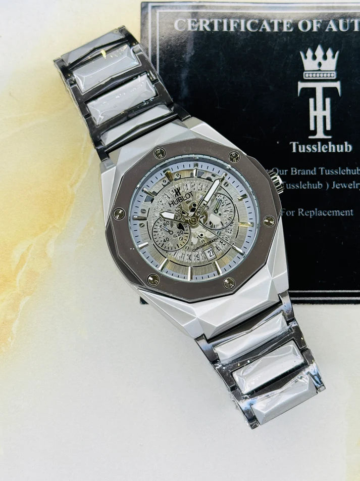 HB Silver Prism Hologram White Dial Watch with Date