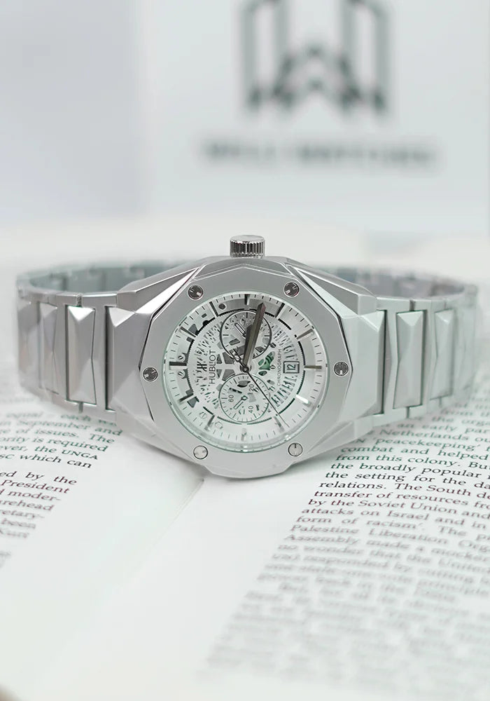 HB Silver Prism Hologram White Dial Watch with Date