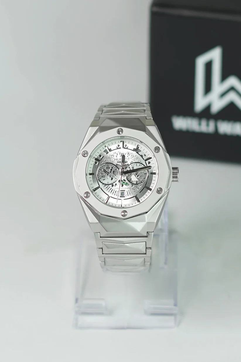 HB Silver Prism Hologram White Dial Watch with Date