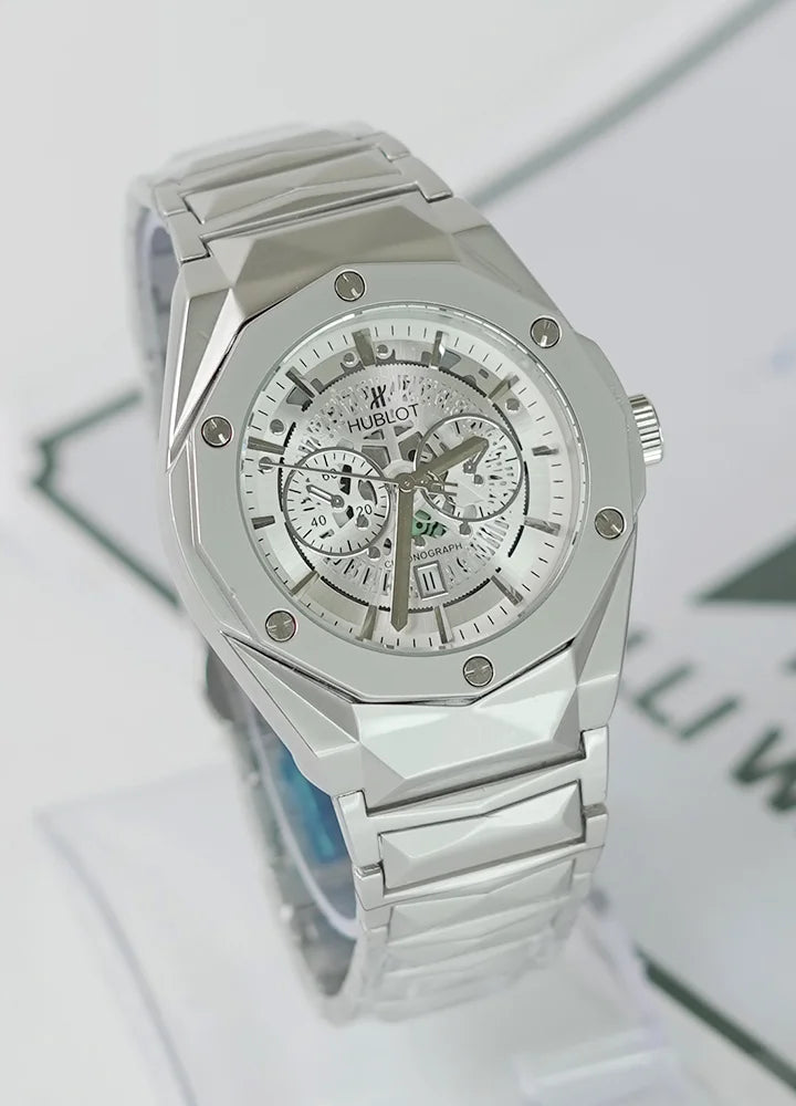 HB Silver Prism Hologram White Dial Watch with Date