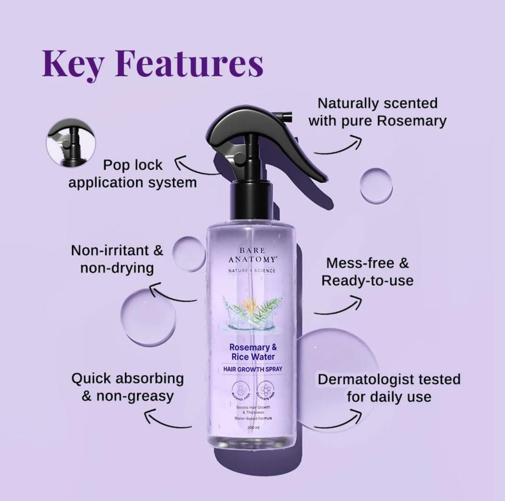 Rosemary & Rice Water Hair Growth Spray 200ml | Anti Hair Fall, Hair Thickening & Strengthening Spray