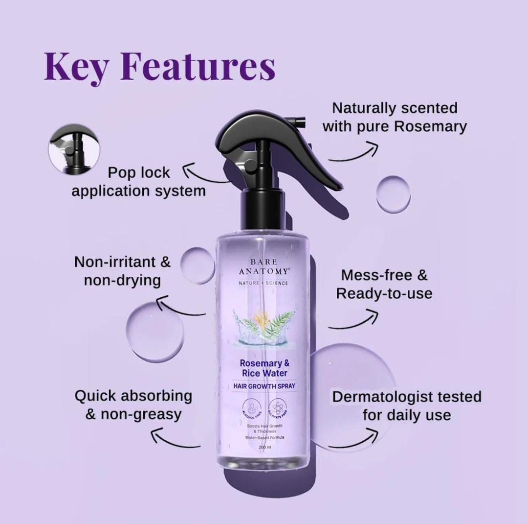 Rosemary & Rice Water Hair Growth Spray 200ml | Anti Hair Fall, Hair Thickening & Strengthening Spray
