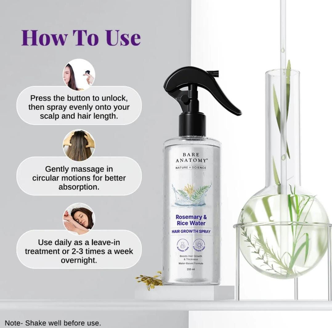Rosemary & Rice Water Hair Growth Spray 200ml | Anti Hair Fall, Hair Thickening & Strengthening Spray